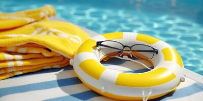 Girl in yellow diving goggles resting on the yellow and white striped towel subbed, Generative AI photo