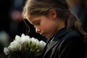 Portrait of a sad little girl on the background of the crowd.Funeral concept AI generated photo