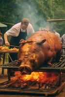 horneando un todo Cordero en un barbacoa, generativo ai foto