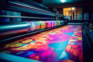 A montage of colorful printed banners and posters coming out of a high-speed roll-to-roll printer, showcasing the versatility and productivity of big ink printers. Generative AI photo