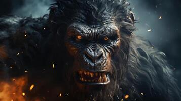 The image shows a fierce-looking gorilla in front of an intense background of flames. Image conveys a sense of danger and ferocity. Generative AI photo