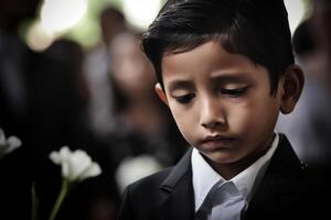 retrato de pequeño asiático chico con triste expresion.funeral concepto ai generado foto