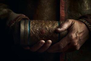 A close-up shot of a pair of hands holding a Torah scroll with a rich, textured background, evoking a sense of reverence and tradition.Generative AI photo