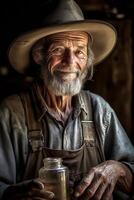 un retrato de un sazonado licor de luna, vistiendo un resistido sombrero y participación un jarra de luz de la luna, representando el pericia y tradicion pasado abajo mediante generaciones generativo ai foto