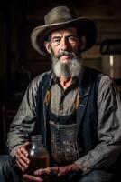 un retrato de un sazonado licor de luna, vistiendo un resistido sombrero y participación un jarra de luz de la luna, representando el pericia y tradicion pasado abajo mediante generaciones generativo ai foto