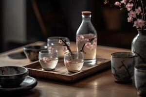 A captivating, Japanese-inspired sake presentation, with a traditional sake set, including a ceramic flask and small cups, surrounded by cherry blossoms and minimalist decor. Generative AI photo