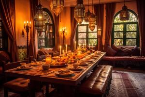 Moroccan Riad's dining area, with a beautifully set table adorned with Moroccan ceramics and traditional tableware, presenting an elegant and culturally rich dining experience. Generative Ai photo