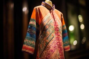 A colorful silkao dai, the traditional Vietnamese tunic dress worn by women. Focus on the elegant garments that are carefully crafted and passed down through generations. Generative Ai photo