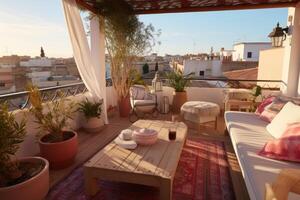 Moroccan Riad's rooftop terrace, featuring comfortable seating areas, panoramic views of the city, and vibrant Moroccan textiles, perfect for travel. Generative AI photo