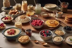 Breakfast with Peanut butter spread tasty dishes, such as peanut butter smoothies, peanut butter and fruit-topped pancakes and granola yogurt bowls. Generative Ai photo