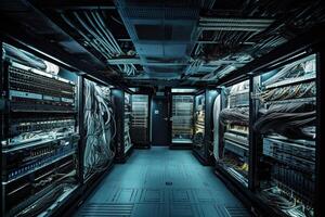 Installation of an IT infrastructure, server room data center, capturing the intricate process, teamwork, and skill required set against an ever-evolving technological backdrop. Generative AI photo