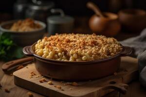 A bowl of creamy mac and cheese with generous amounts of tender pulled pork mixed in. The dish is topped with breadcrumbs and baked to perfection.Generative AI. photo