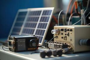 A detailed, close-up shot of essential solar energy components, such as photovoltaic cells, inverters, mounting systems, emphasizing the importance harnessing the power of the sun. Generative AI photo