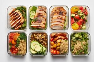 An image showcasing a series of colorful and nutritious meal preps, including salads, grilled chicken, quinoa, and vegetables, presented on a clean white background. Generative AI photo