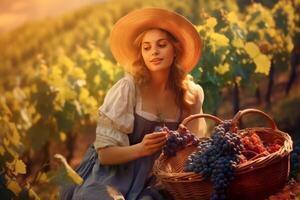 Woman with basket of grapes in vineyard,she is tasting grapes. Generative AI photo