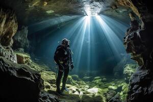 un grupo de diversos explorador un submarino cueva sistema. el agua debería ser oscuro y turbio, con vigas de ligero brillante mediante desde arriba. generativo ai foto