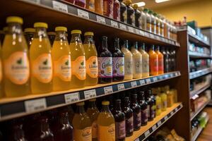 Bottles of natural sodas, tonics, milks, juices and probiotic beverages. Every choice highlights novel options for natural hydration, nutrition and enhanced digestion. Generative AI photo