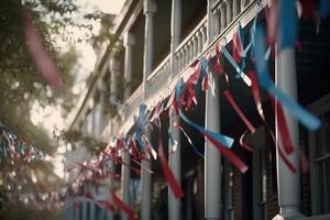 Red, white and blue banners hang from porches, waving in the breeze like colorful flags. Star shaped confetti and streamers line the streets, sprinkled from trees and rooftops. Generative AI photo