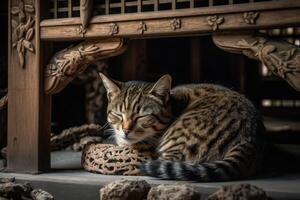 un pájaro erudito gato siesta en un arco, rodeado por sumi-e detalles de antiguo enrejado madera y Roca. generativo ai foto