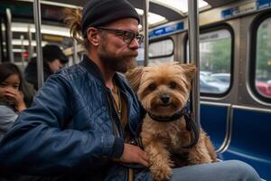 Rideshare. Owner and their pet taking public transportation. Great moment, Happy and funny.Generative AI. Generative AI. photo