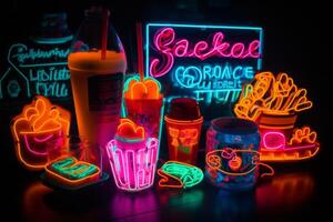 Isolated neon signs for things like 'Boba', 'Tacos', and 'Brunch'. Neon colors are hugely popular with Gen Z, as are trends for certain types of food. Generative AI photo