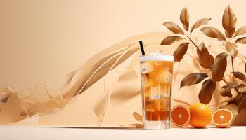 Desertwave Cold Drink with Orange Peels and Hurufiyya Leaves on Matte Beige AI generated photo