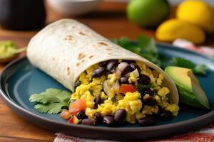 un sabroso, estilo suroeste desayuno burrito, lleno con revuelto huevos, palta, negro frijoles, y salsa, servido estampado plato con un lado de picante Lima porciones. generativo ai. foto