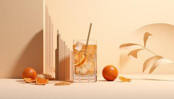 Desertwave Cold Drink with Orange Peels and Hurufiyya Leaves on Matte Beige AI generated photo