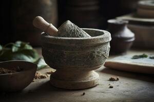 An ornate stone mortar and pestle, grinding fresh herbs and roots into a healing salve or powder. Render the timeless, meticulous process of traditional Ayurvedic compounding. Generative AI photo