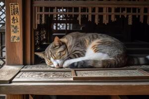 un pájaro erudito gato siesta en un arco, rodeado por sumi-e detalles de antiguo enrejado madera y Roca. generativo ai foto