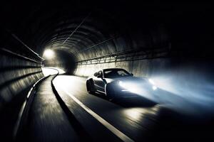 The sports car speeding through a tunnel, sun glinting off the sleek dark surface of the windshield Pushing the limits of speed and control with death-defying recklessness. Generative AI photo