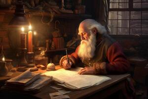 Jolly St. Nick reviewing his disobedient and Nice list by the firelight of the North Pole workshop, red and white quill pen in hand, dusty copies of child-written letters strewn about. Generative AI photo