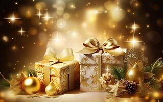 Christmas gifts, decoration with candles.Golden Christmas theme background. Concept Holiday Decorations. Generative AI. photo