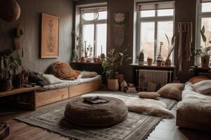 Minimal, monochromatic spaces with boxy, bohemian style furniture and layers of textured blankets. The love of minimalism, textures and cozy spaces is prevalent among Gen Z. Generative AI photo