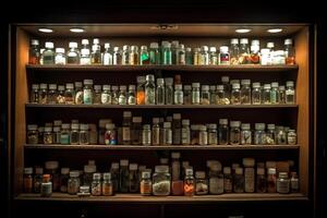 A medication cabinet, shelf after shelf lined with pill bottles. Prescription medication use is at an all time high, a quick fix for problems that run deeper. Generative AI photo