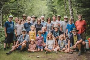 A heartwarming, group photo of a multi-generational family camping trip, capturing grandparents, parents, and children sharing the joys of summer camping traditions. Generative AI