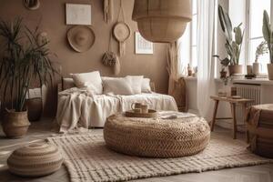 Minimal, monochromatic spaces with boxy, bohemian style furniture and layers of textured blankets. The love of minimalism, textures and cozy spaces is prevalent among Gen Z. Generative AI photo