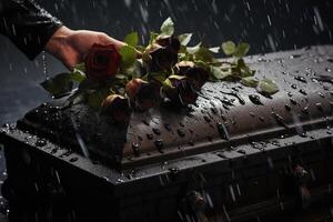 de cerca de un funeral ataúd a un cementerio con flores en el lluvia, mano en el tumba en el lluvia con oscuro antecedentes y Rosa ai generado foto