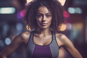A young woman showcasing her workout routine in fashionable activewear, representing a healthy and active lifestyle. Generative Ai photo