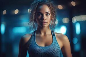 A young woman showcasing her workout routine in fashionable activewear, representing a healthy and active lifestyle. Generative Ai photo