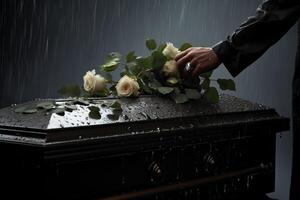 de cerca de un funeral ataúd a un cementerio con flores en el lluvia, mano en el tumba en el lluvia con oscuro antecedentes y Rosa ai generado foto