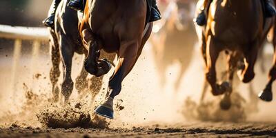 ai generado. ai generativo. jorse carrera competencia juego de azar acción. ver desde fondo en caballo piernas casco. gráfico Arte foto