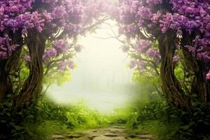 Fantasy background. Magic forest.Beautiful spring landscape.Lilac trees in blossom, generative ai. photo