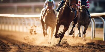 ai generado. ai generativo. jorse carrera competencia juego de azar acción. ver desde fondo en caballo piernas casco. gráfico Arte foto