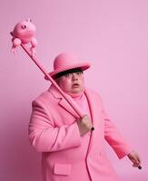 Clueless doubtful male failry wonders why his abilities disappeared plays in performance for children wears special costume holds magic wand isolated on pink background lives at ma, Generative AI photo