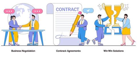 Business negotiation, contract agreements, win-win solutions concept with character. Negotiation skills abstract vector illustration set. Deal-making, conflict resolution, collaborative agreements