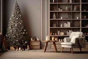 Cozy Christmas Living Room with Luxury Decor and Modern Elegance.Created with Generative AI technology. photo