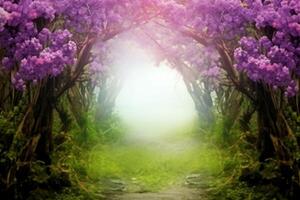 Fantasy background. Magic forest.Beautiful spring landscape.Lilac trees in blossom, generative ai. photo