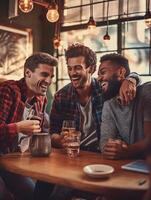 contento joven empresarios Bebiendo cerveza y hablando a pub después trabajo recortado Disparo de Tres joven hombres en casual vestir tostado con cerveza mientras sentado a mesa participación lentes de edad, generativo ai foto