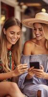 Happy women have funny online chatting on smart phone enjoy leisure time at coffee shop with fresh summer drink use free high speed internet Glad young females read news from socia, Generative AI photo